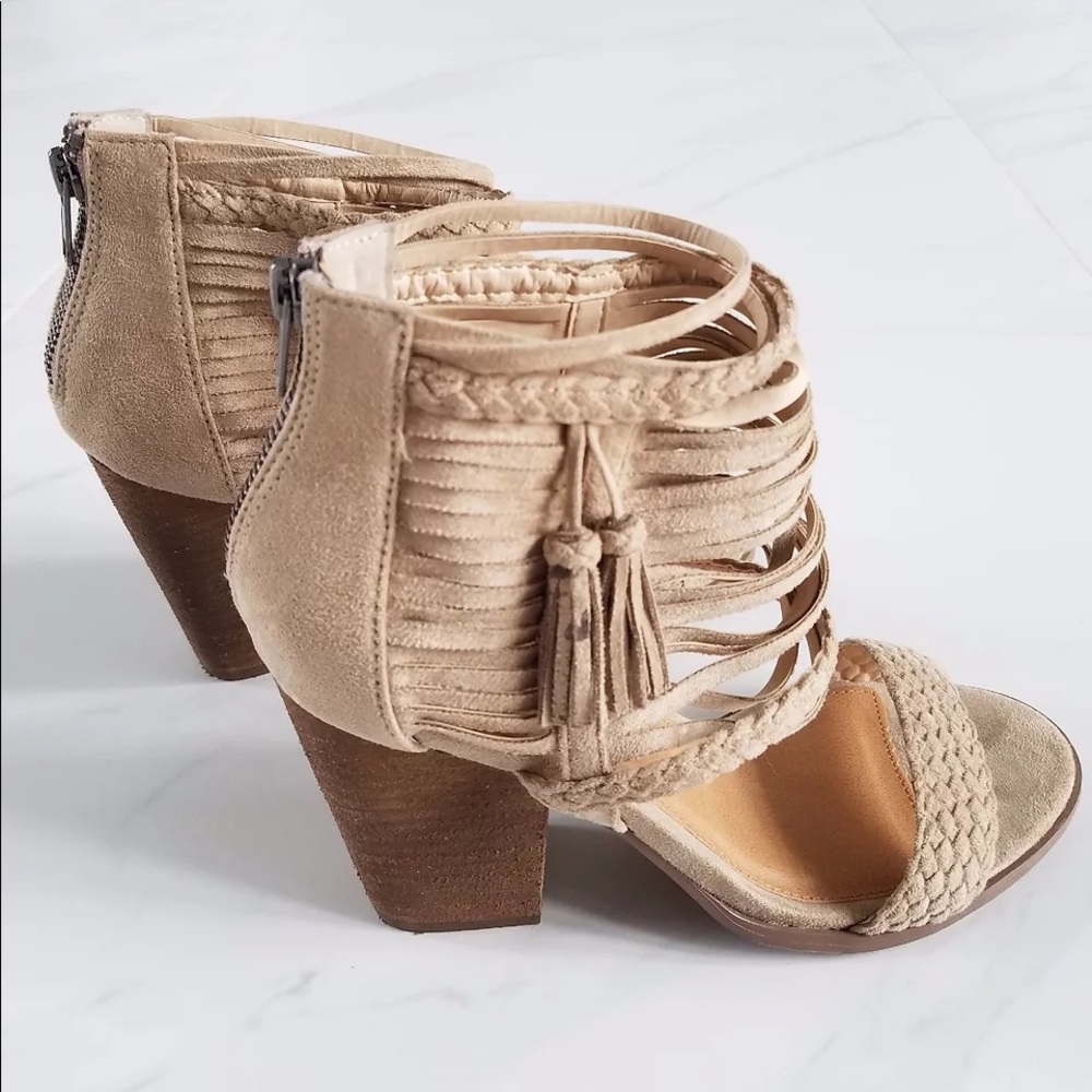 Perfect Nude Strappy Braided Fringe Heeled Sandals - Picture 2 of 4